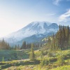 a mountain with trees and a snow covered mountain in the background